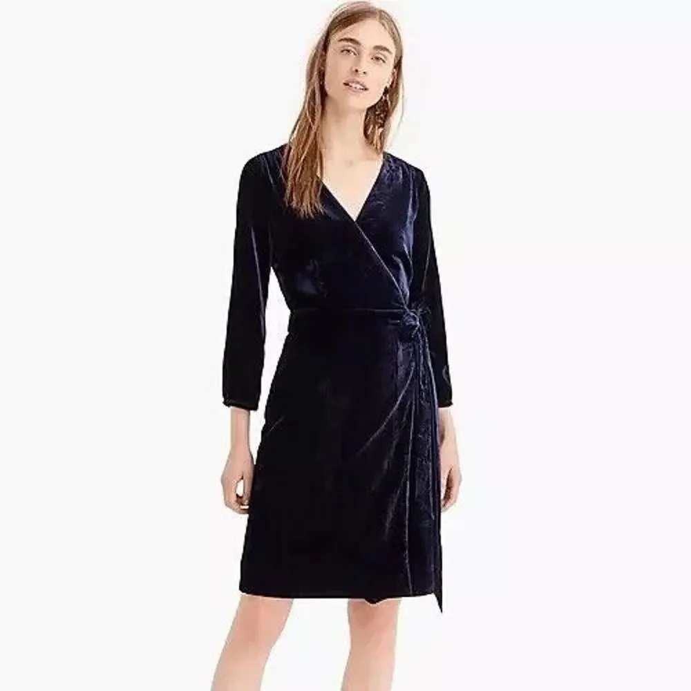 J.Crew Velvet Wrap Dress Womens 12 Navy Blue Long Sleeve V-Neck Cocktail Mini